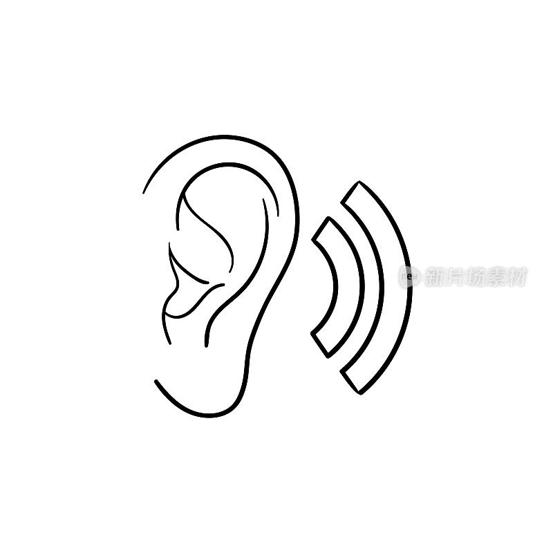 Human ear with sound waves hand drawn outline doodle icon